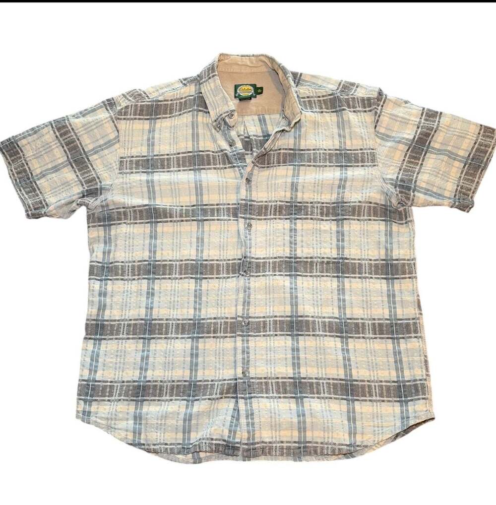 Cabela’s Plaid Button Up Shirt Mens XL Blue‎ Tan Short Sleeve Cotton